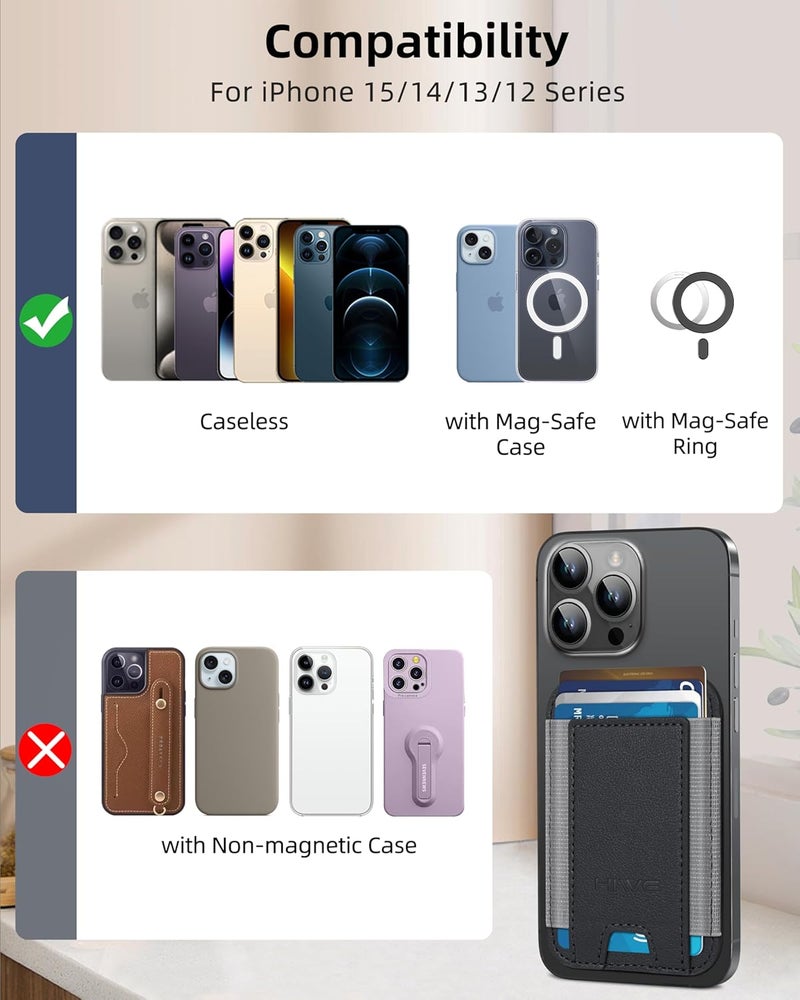 HiWe for MagSafe Wallet, Strongest Magnetic Wallet for iPhone 17/16/15/14/13/12 Series, 7 Cards Holder, Leather Minimalist Slim RFID, 1 Slot, Black & Grey - Image 5